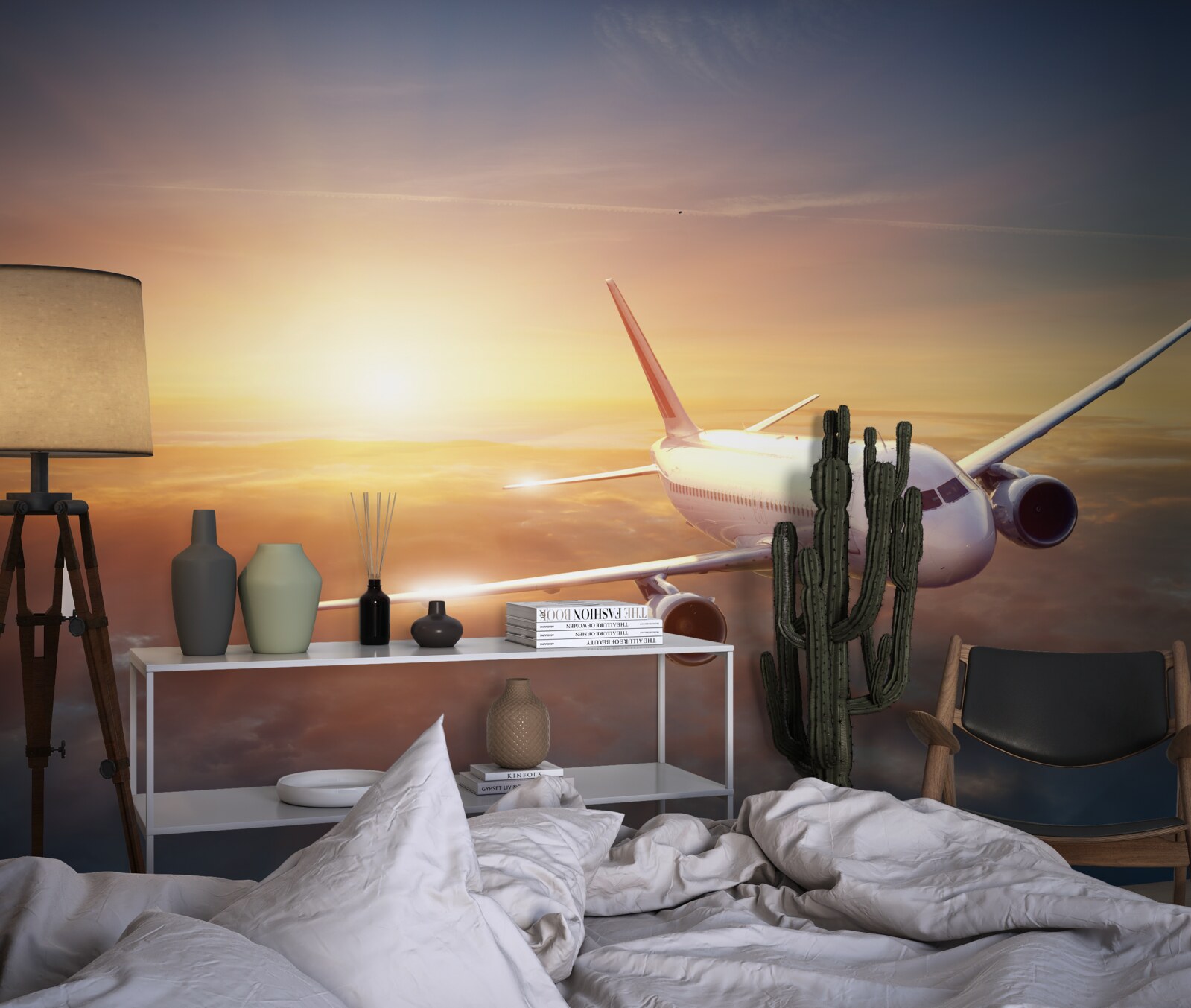 Fotobehang vliegtuig verdwijnt in de zonsondergang