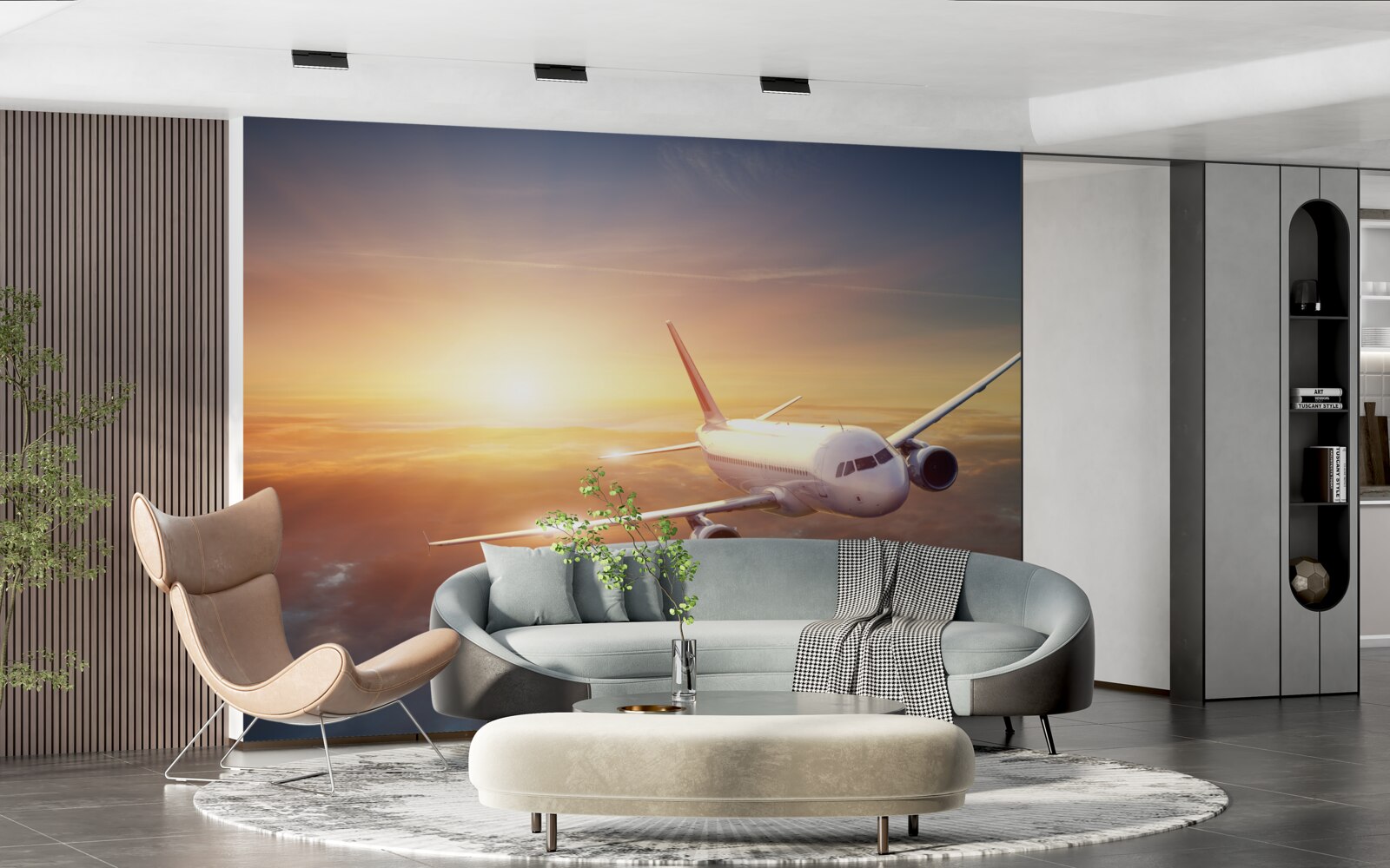 Fotobehang vliegtuig verdwijnt in de zonsondergang