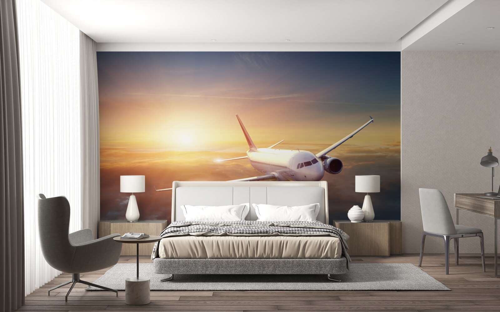 Fotobehang vliegtuig verdwijnt in de zonsondergang