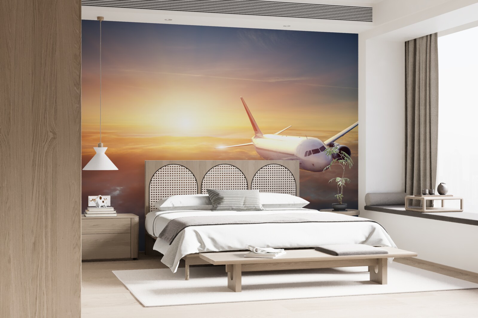 Fotobehang vliegtuig verdwijnt in de zonsondergang