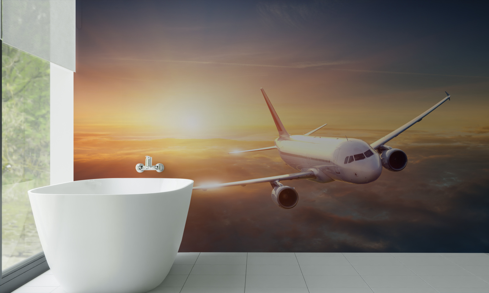 Fotobehang vliegtuig verdwijnt in de zonsondergang