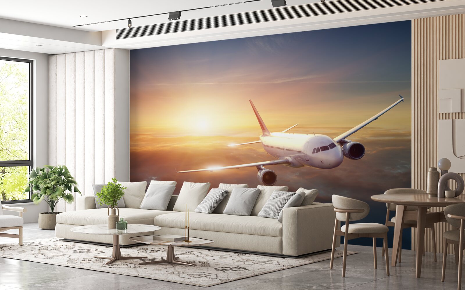 Fotobehang vliegtuig verdwijnt in de zonsondergang