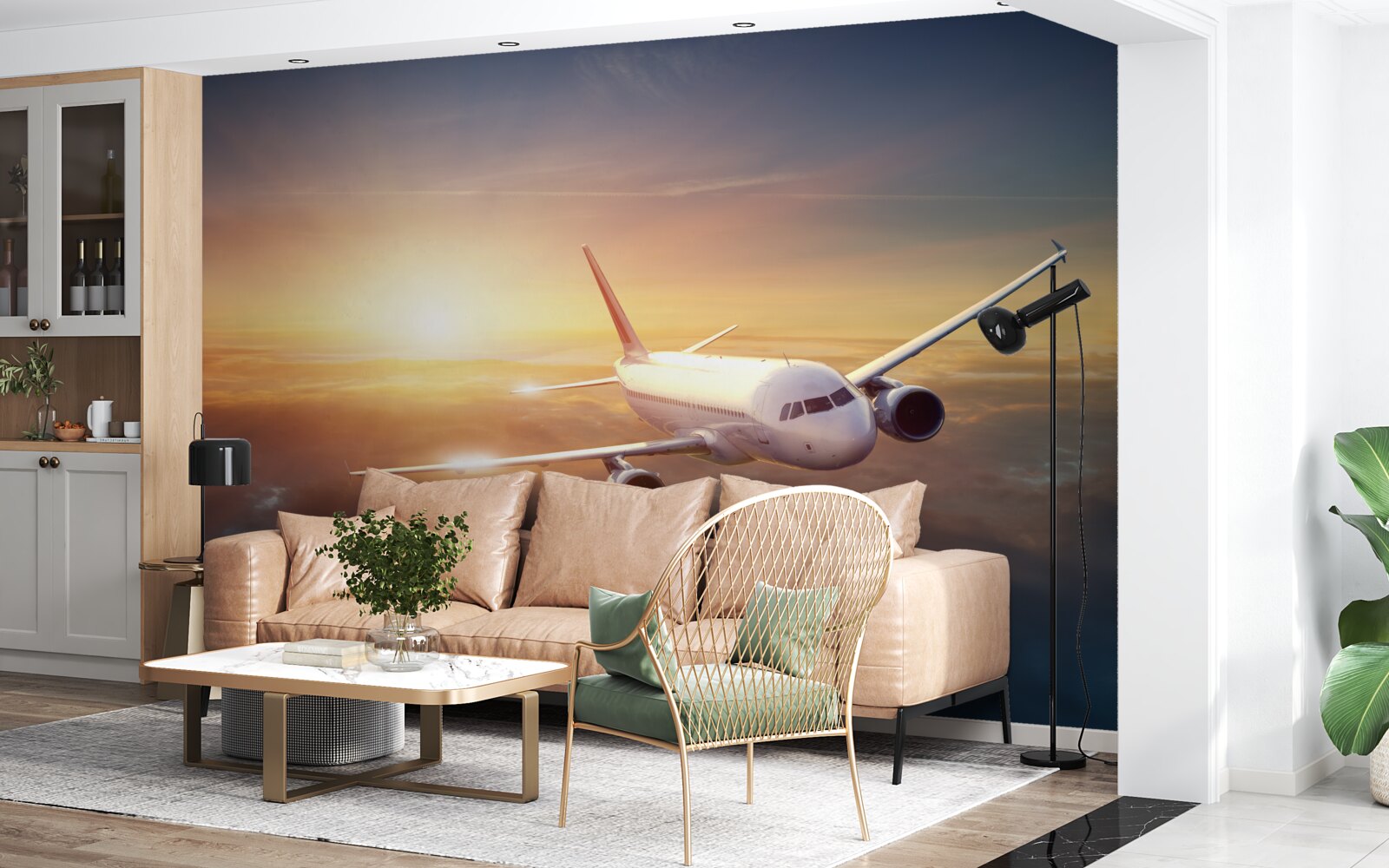 Fotobehang vliegtuig verdwijnt in de zonsondergang