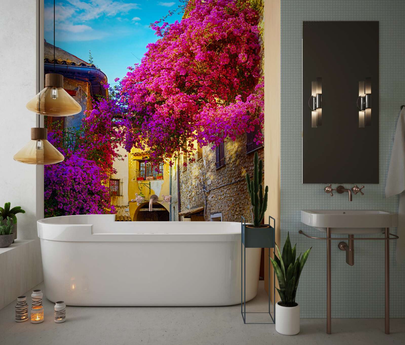 Fotobehang paarse bloemen sieren de muren van de oude stad