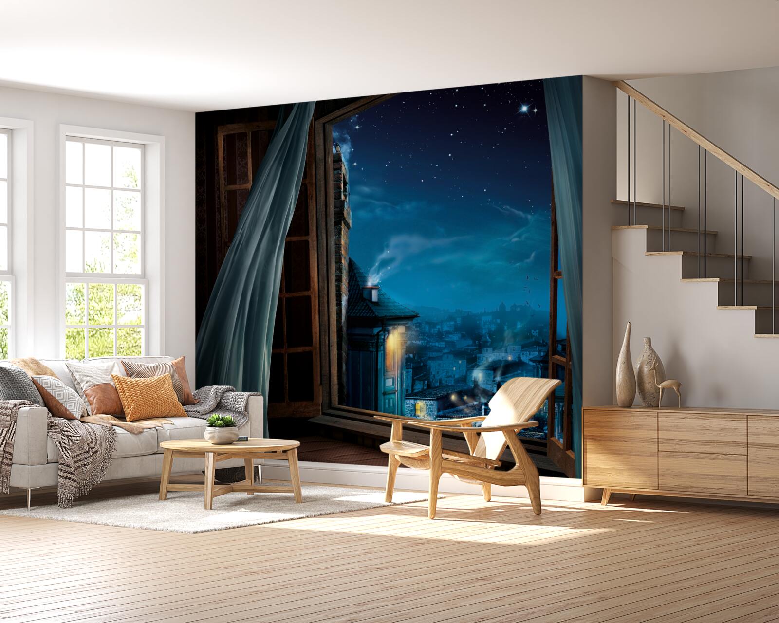 Fotobehang uitzicht op de nachtelijke hemel vanuit het raam