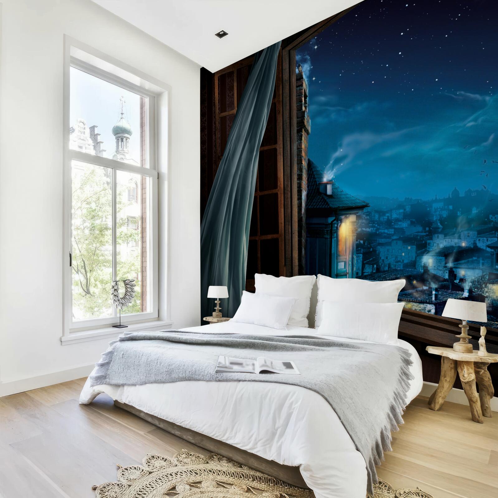 Fotobehang uitzicht op de nachtelijke hemel vanuit het raam