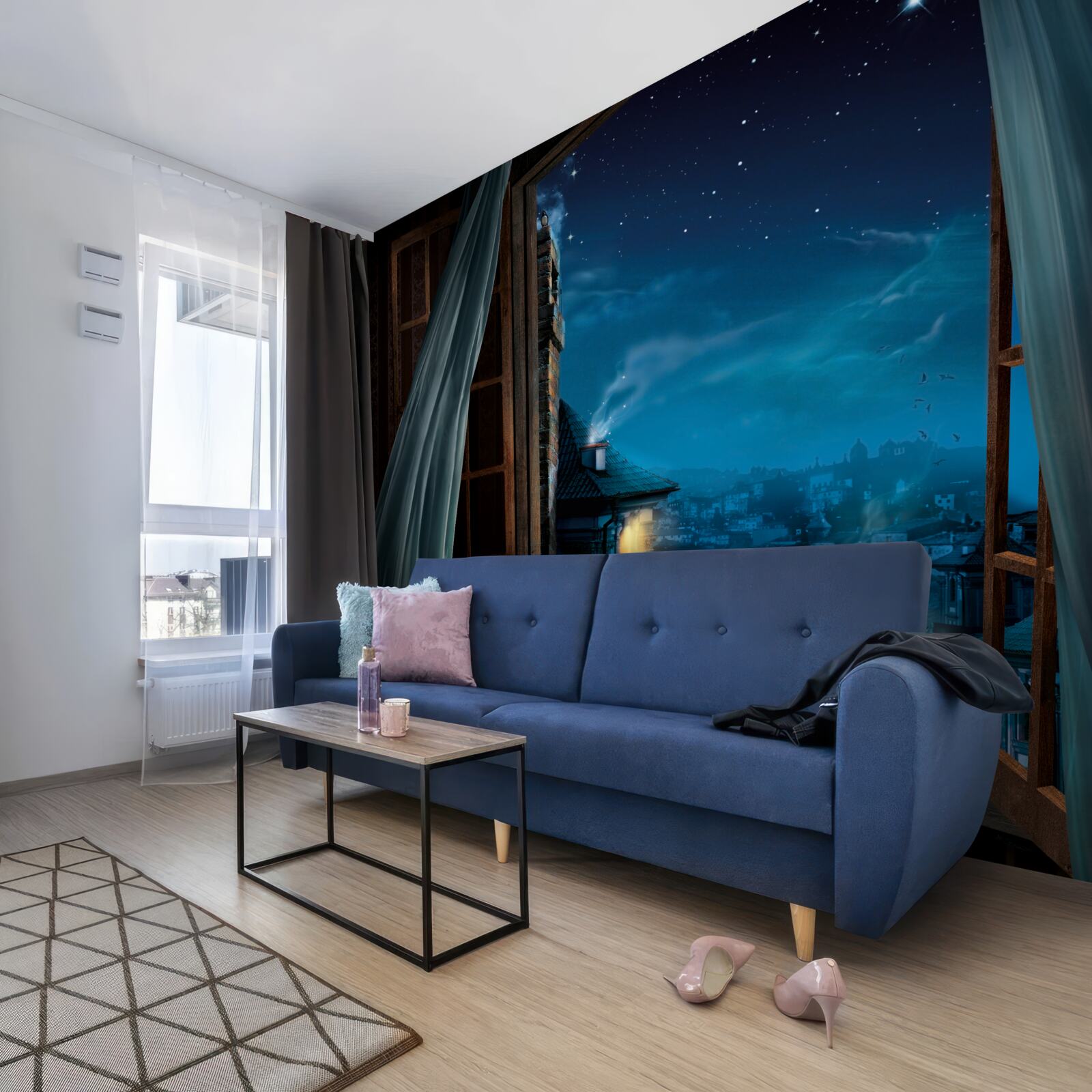 Fotobehang uitzicht op de nachtelijke hemel vanuit het raam