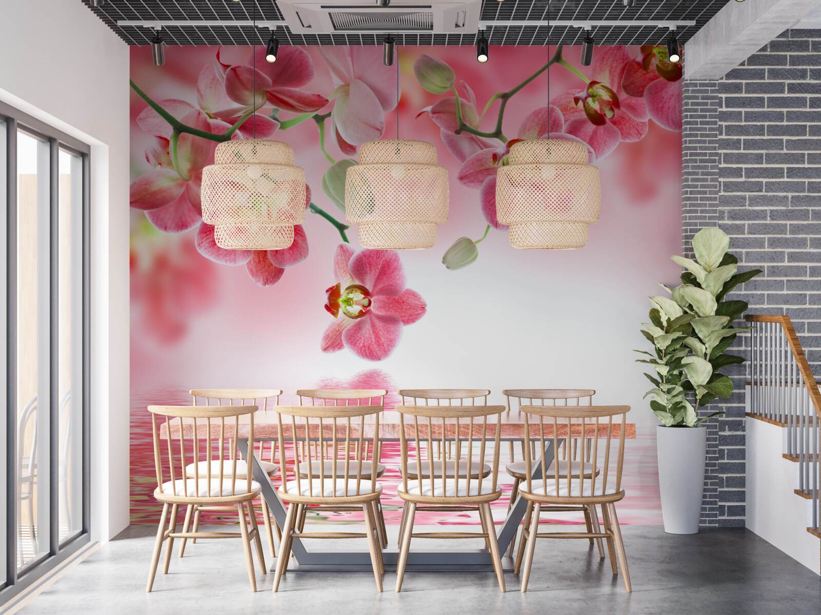 Fotobehang een rode orchidee hangt aan een boom boven het water