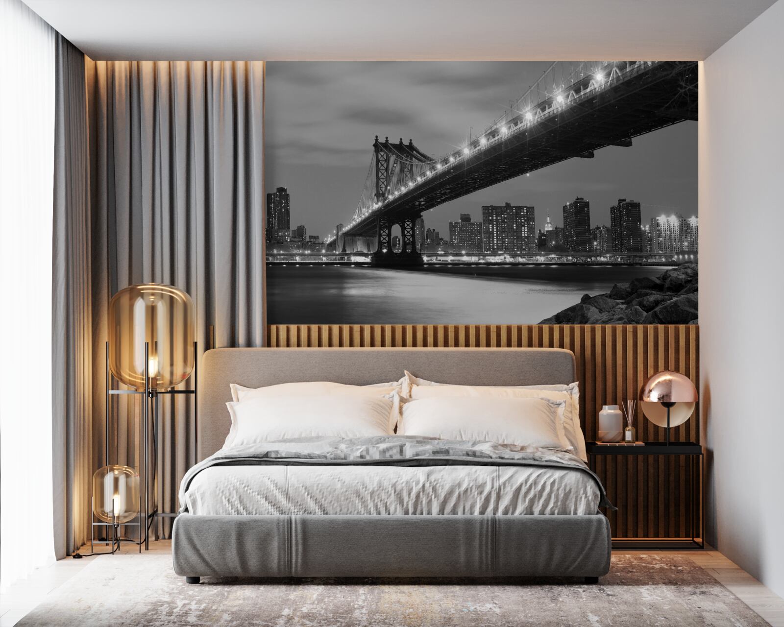 Fotobehang verlichting van de brug van manhattan