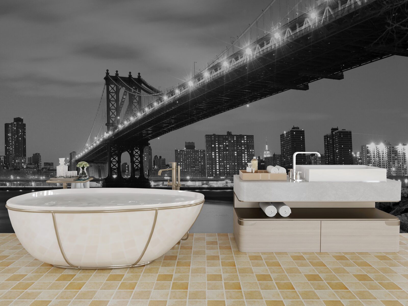 Fotobehang verlichting van de brug van manhattan