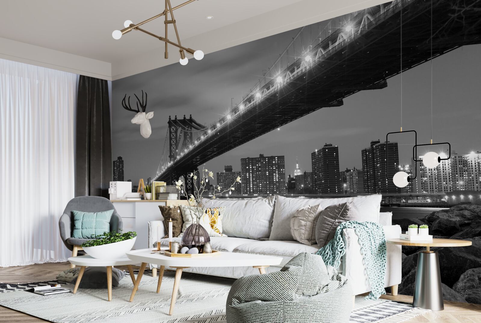 Fotobehang verlichting van de brug van manhattan