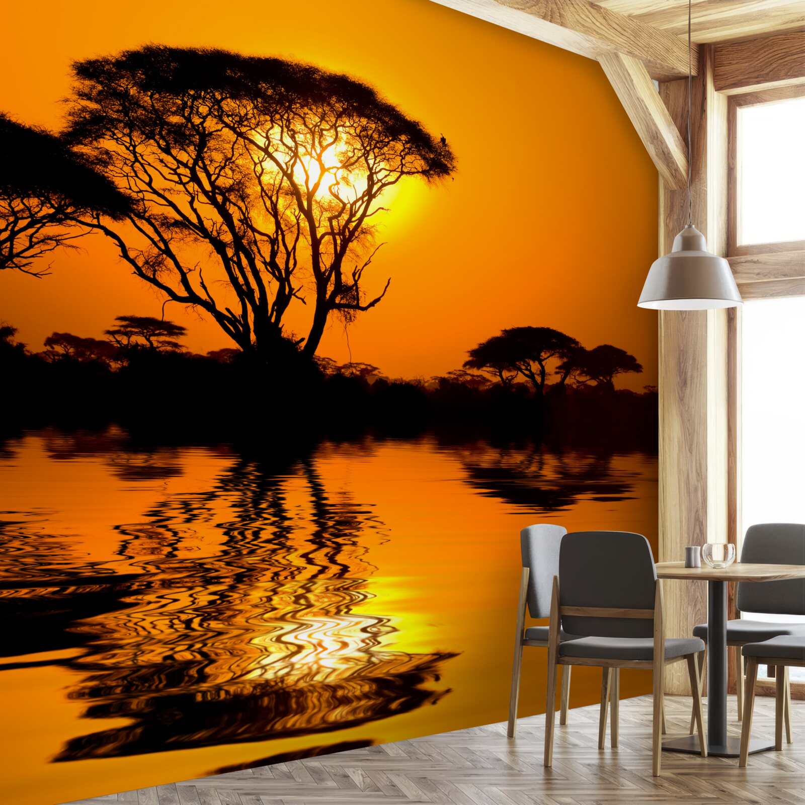 Fotobehang zonsondergang in de woestijn weerspiegeld in water