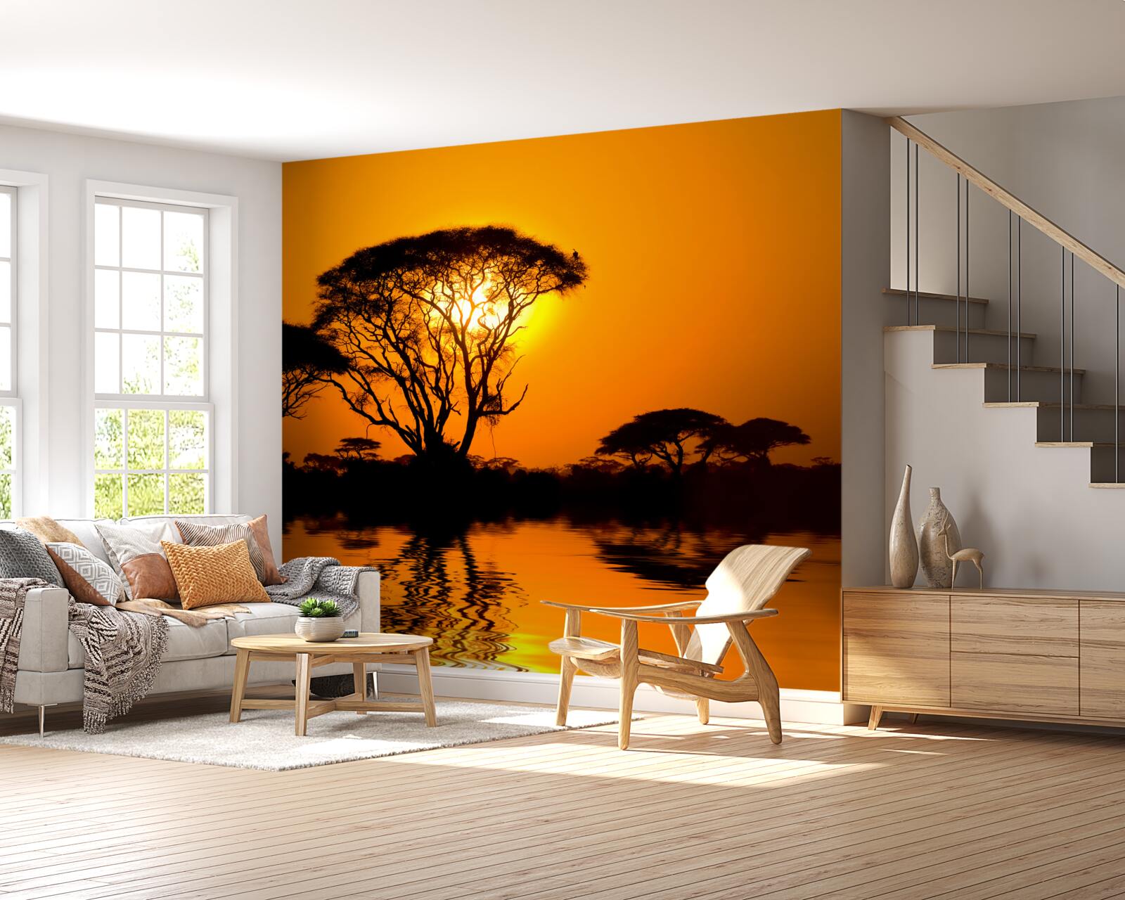 Fotobehang zonsondergang in de woestijn weerspiegeld in water