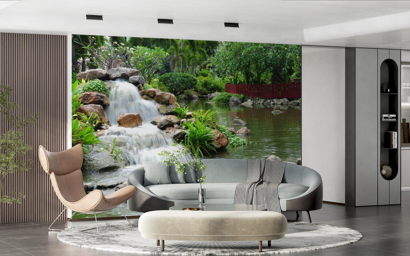 Fotobehang een kleine waterval omgeven door groen