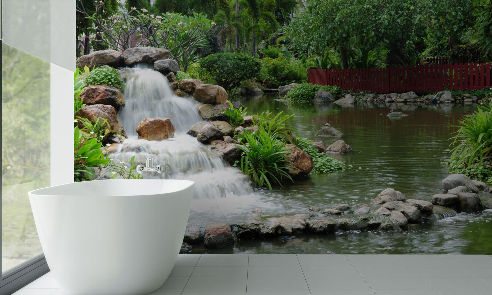 Fotobehang een kleine waterval omgeven door groen