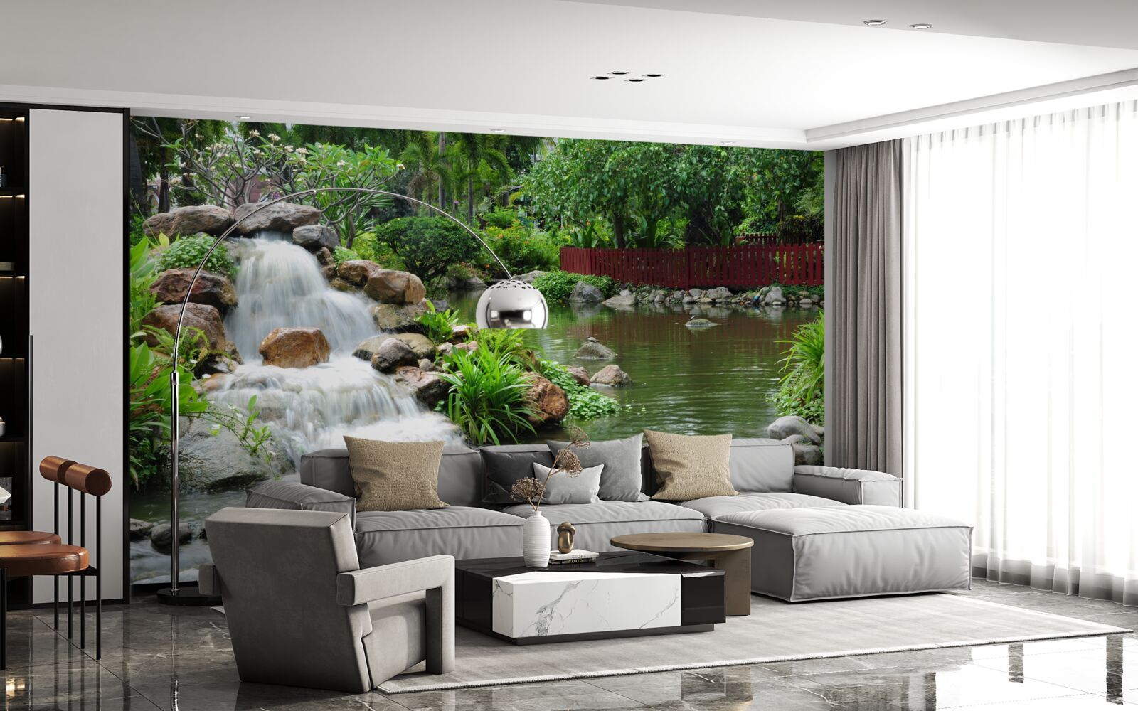 Fotobehang een kleine waterval omgeven door groen