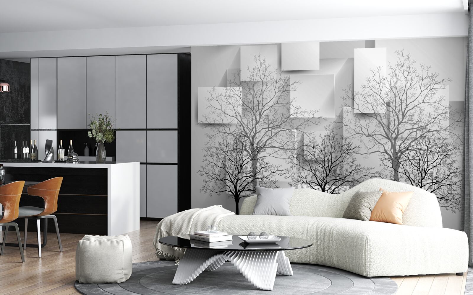 Fotobehang Kale bomen tegen een achtergrond van abstracte vormen