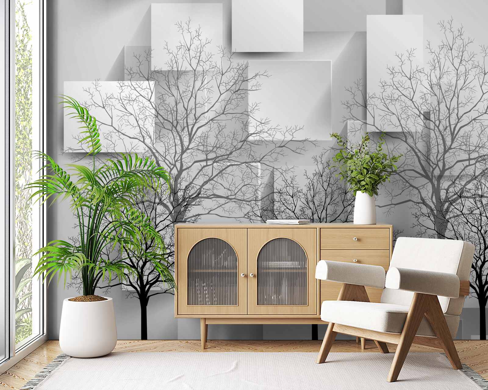 Fotobehang Kale bomen tegen een achtergrond van abstracte vormen