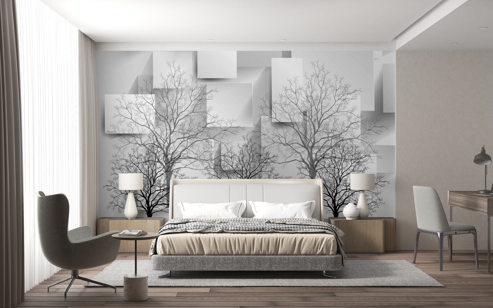 Fotobehang Kale bomen tegen een achtergrond van abstracte vormen