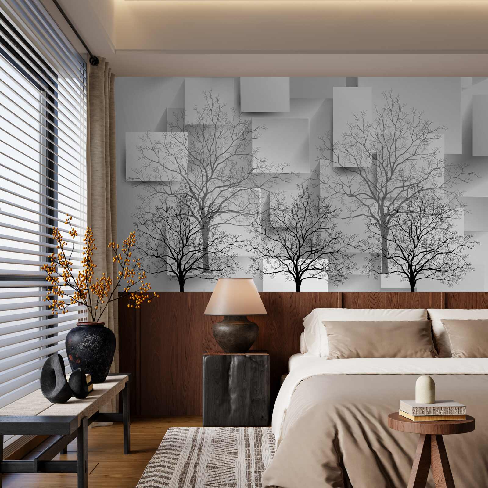 Fotobehang Kale bomen tegen een achtergrond van abstracte vormen