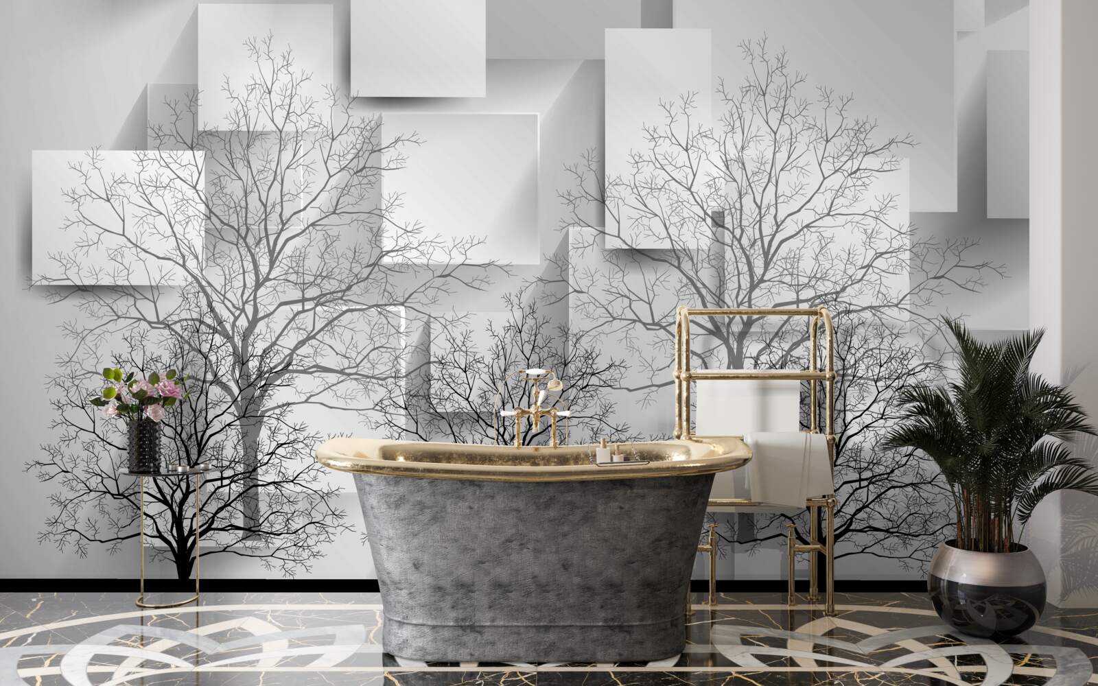 Fotobehang Kale bomen tegen een achtergrond van abstracte vormen