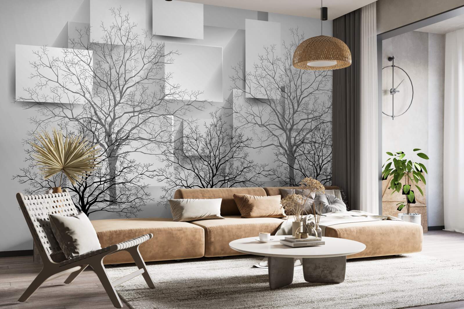 Fotobehang Kale bomen tegen een achtergrond van abstracte vormen