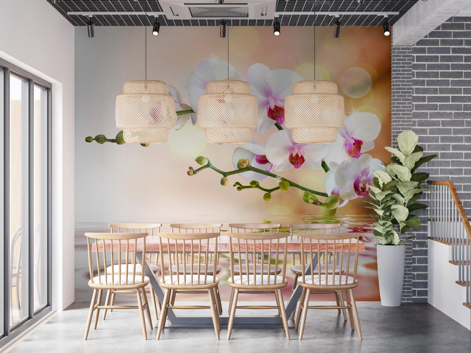 Fotobehang witte orchideeëntak weerspiegeld in het water