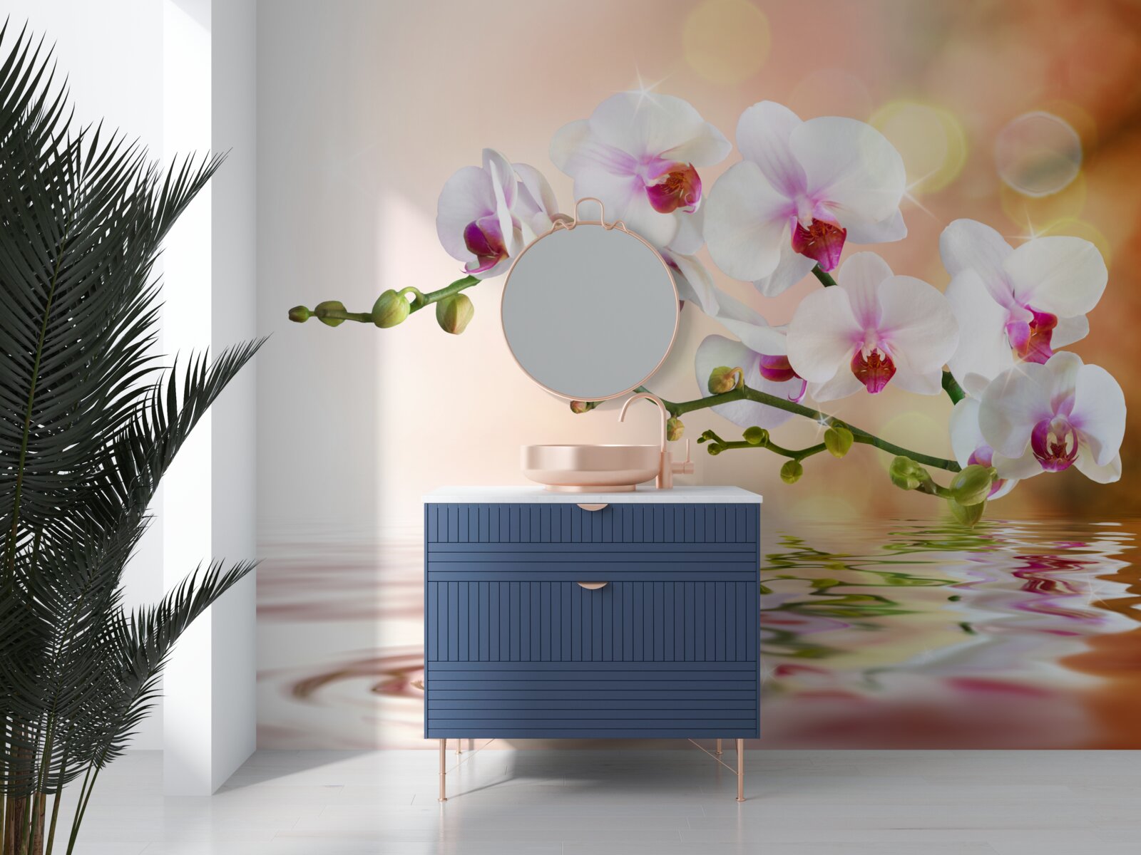 Fotobehang witte orchideeëntak weerspiegeld in het water