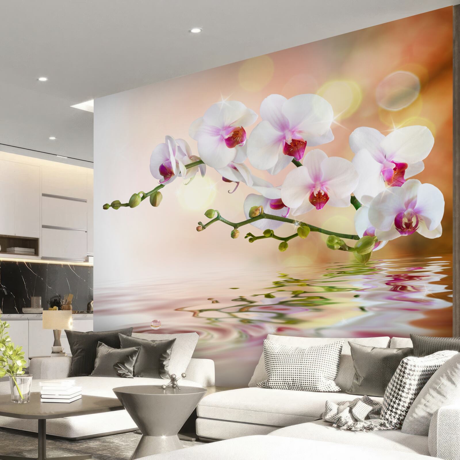 Fotobehang witte orchideeëntak weerspiegeld in het water