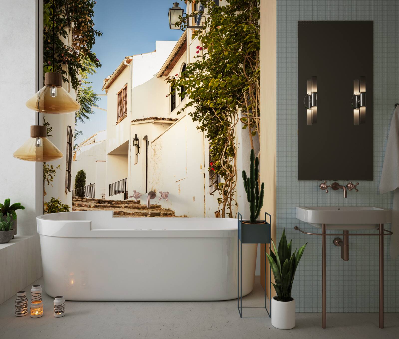 Fotobehang groen in een oude straat in griekenland