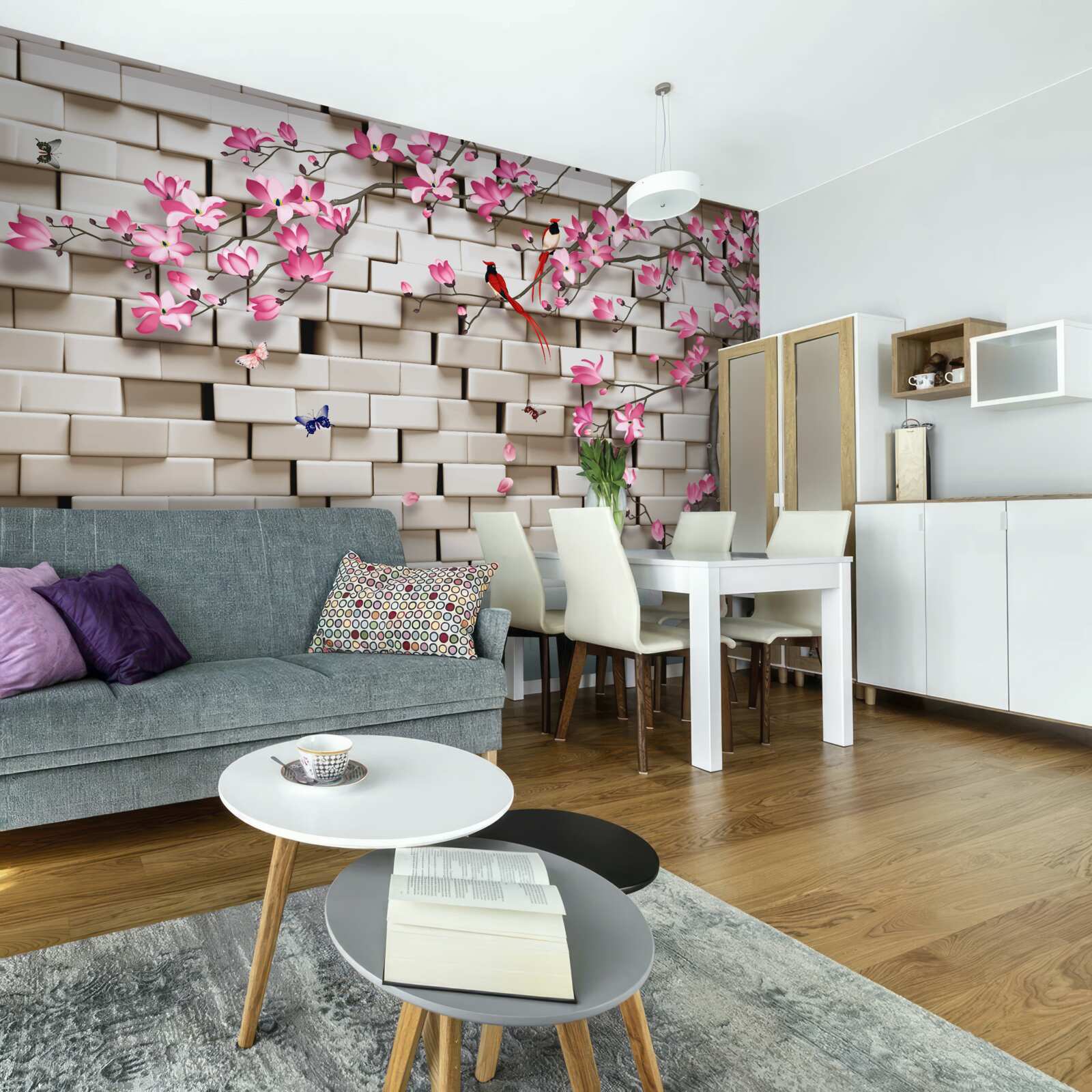 Fotobehang sakura bloeide tegen een bakstenen muur