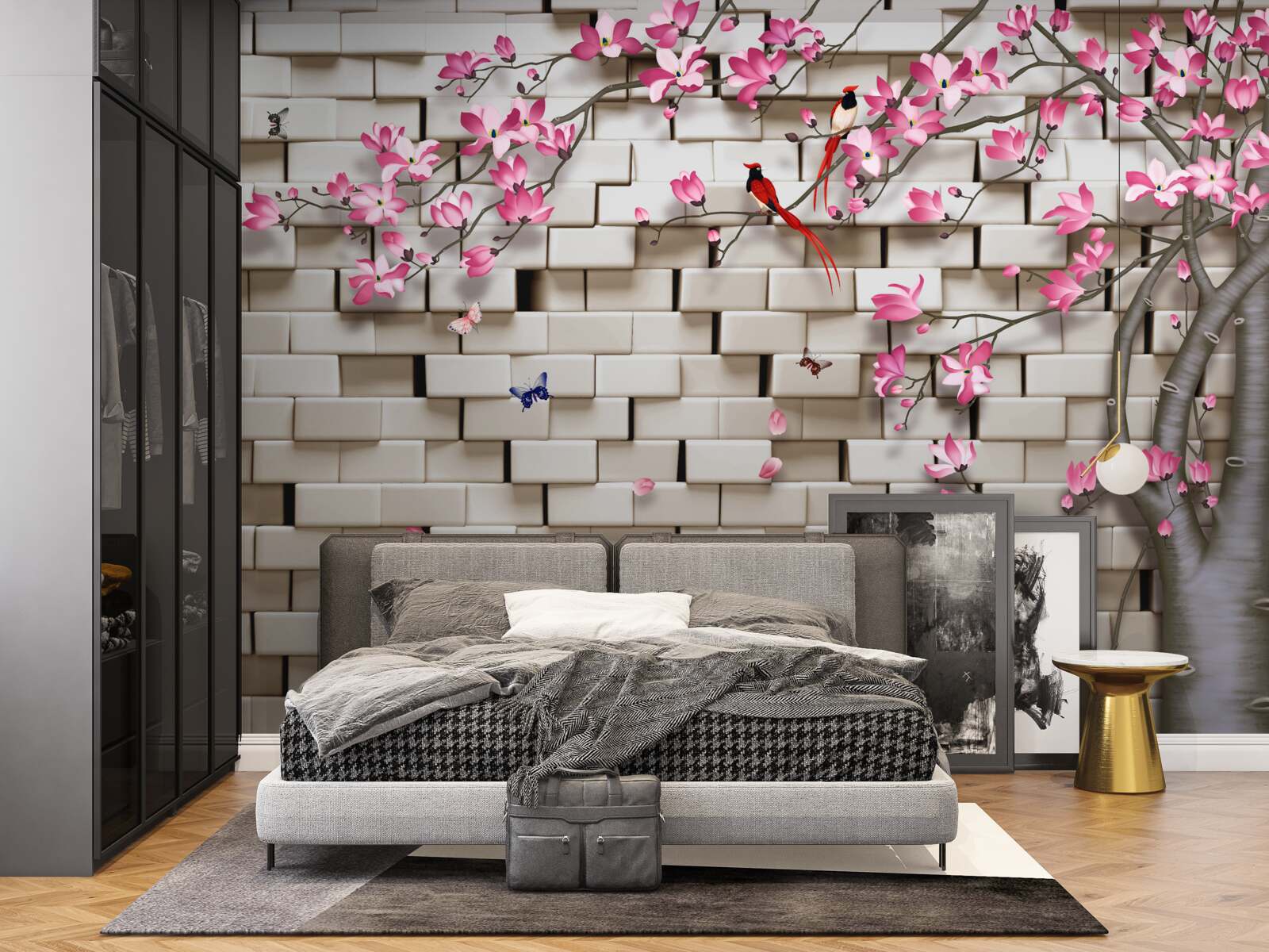 Fotobehang sakura bloeide tegen een bakstenen muur