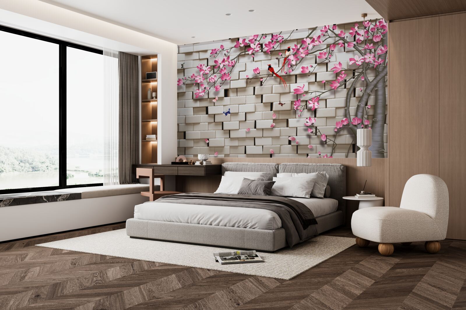 Fotobehang sakura bloeide tegen een bakstenen muur