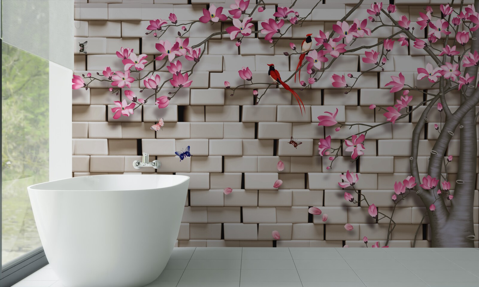 Fotobehang sakura bloeide tegen een bakstenen muur