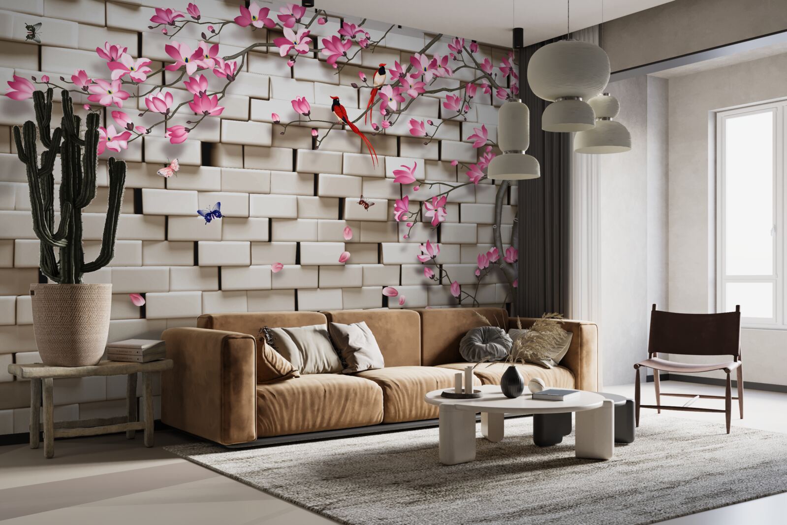 Fotobehang sakura bloeide tegen een bakstenen muur