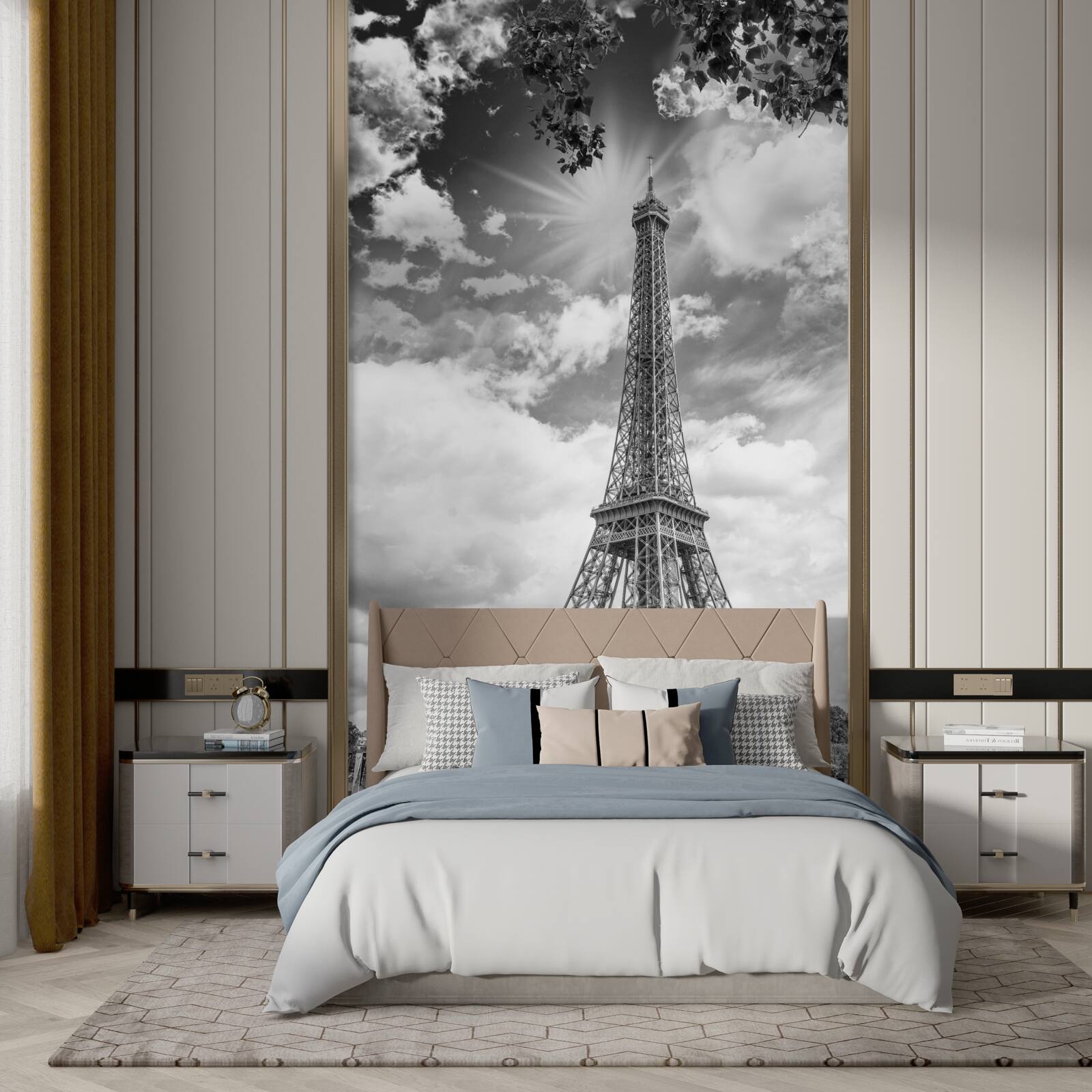 Fotobehang eiffeltoren in zwart-wit in zonlicht