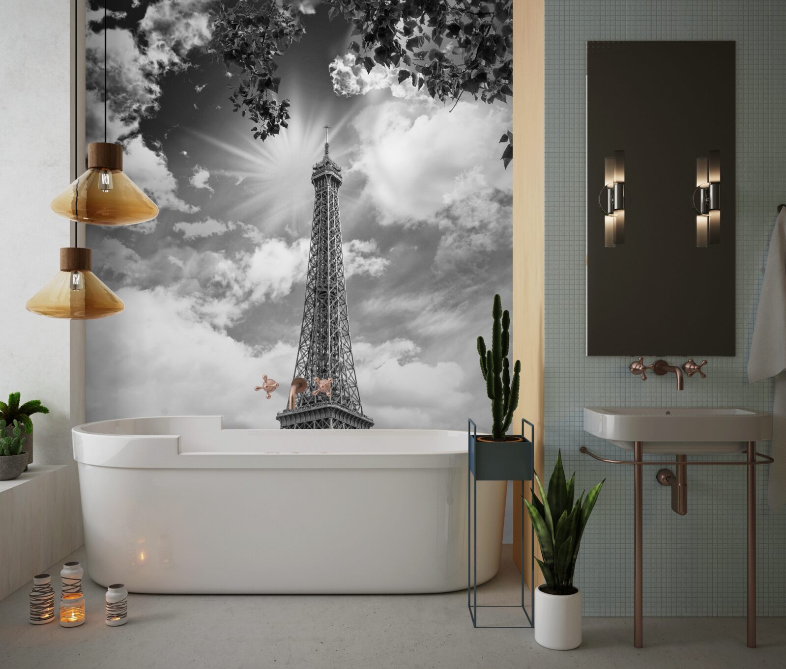 Fotobehang eiffeltoren in zwart-wit in zonlicht