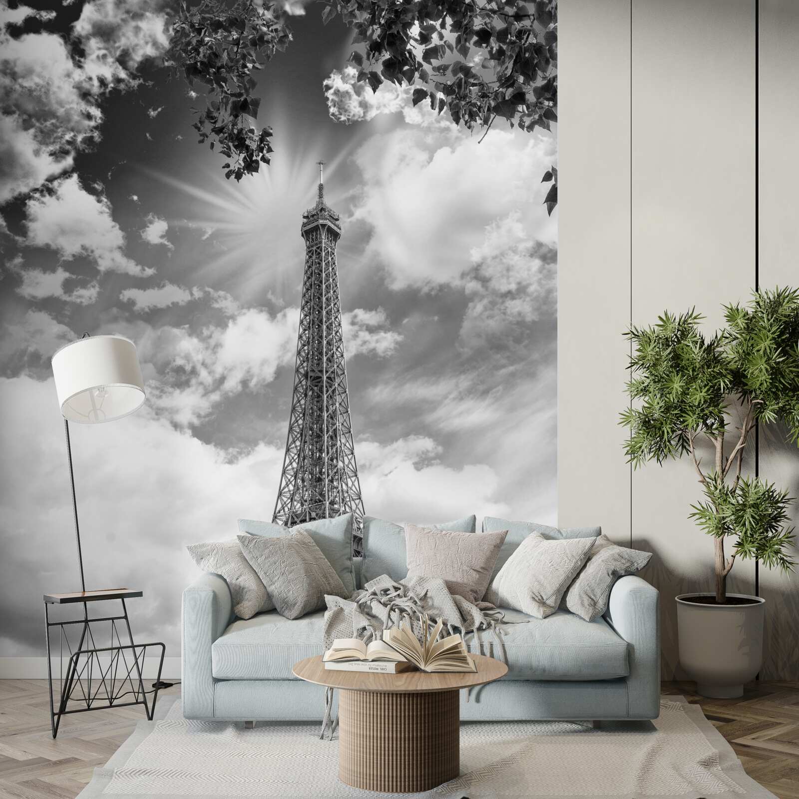 Fotobehang eiffeltoren in zwart-wit in zonlicht