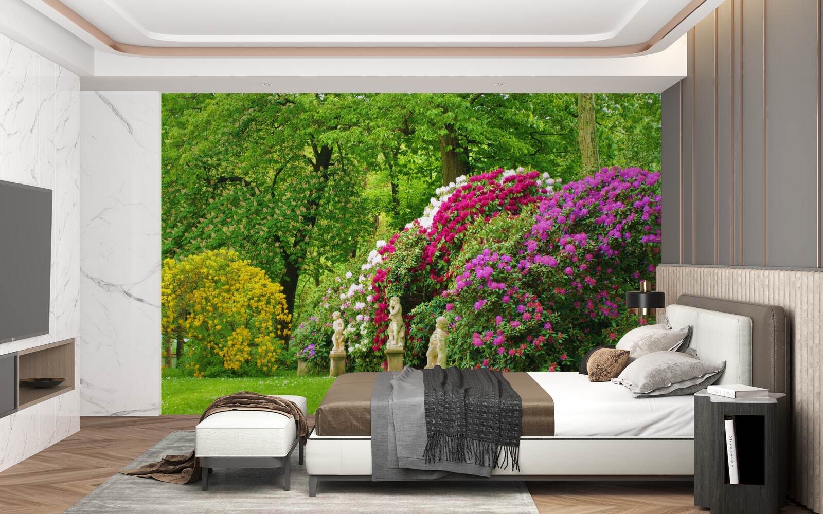 Fotobehang struiken van verschillende kleuren tussen het groen