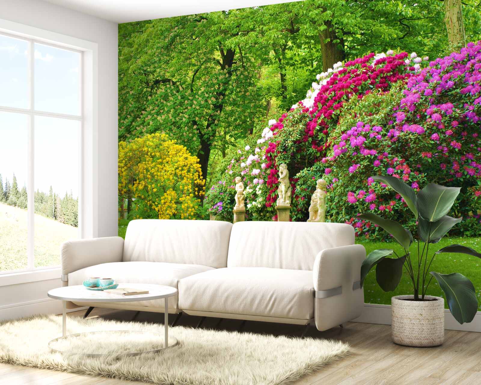 Fotobehang struiken van verschillende kleuren tussen het groen