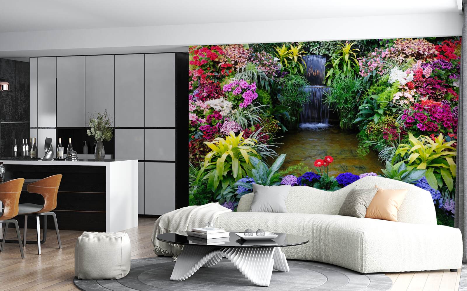 Fotobehang tropische bloemen naast een bergwaterval