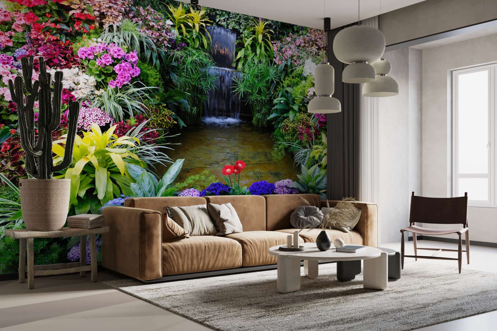 Fotobehang tropische bloemen naast een bergwaterval