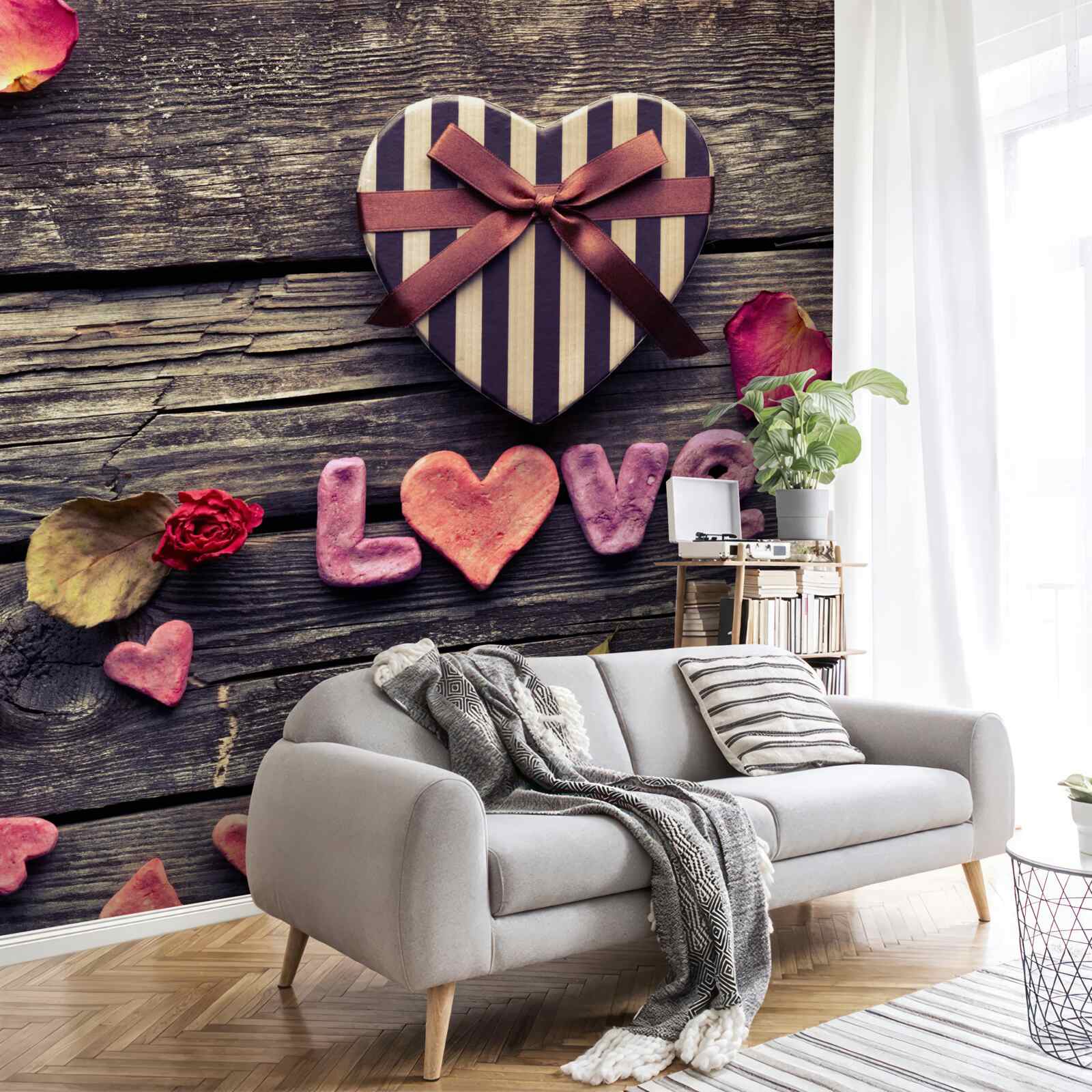 Fotobehang hartvormige doos met "liefde" erop geschreven