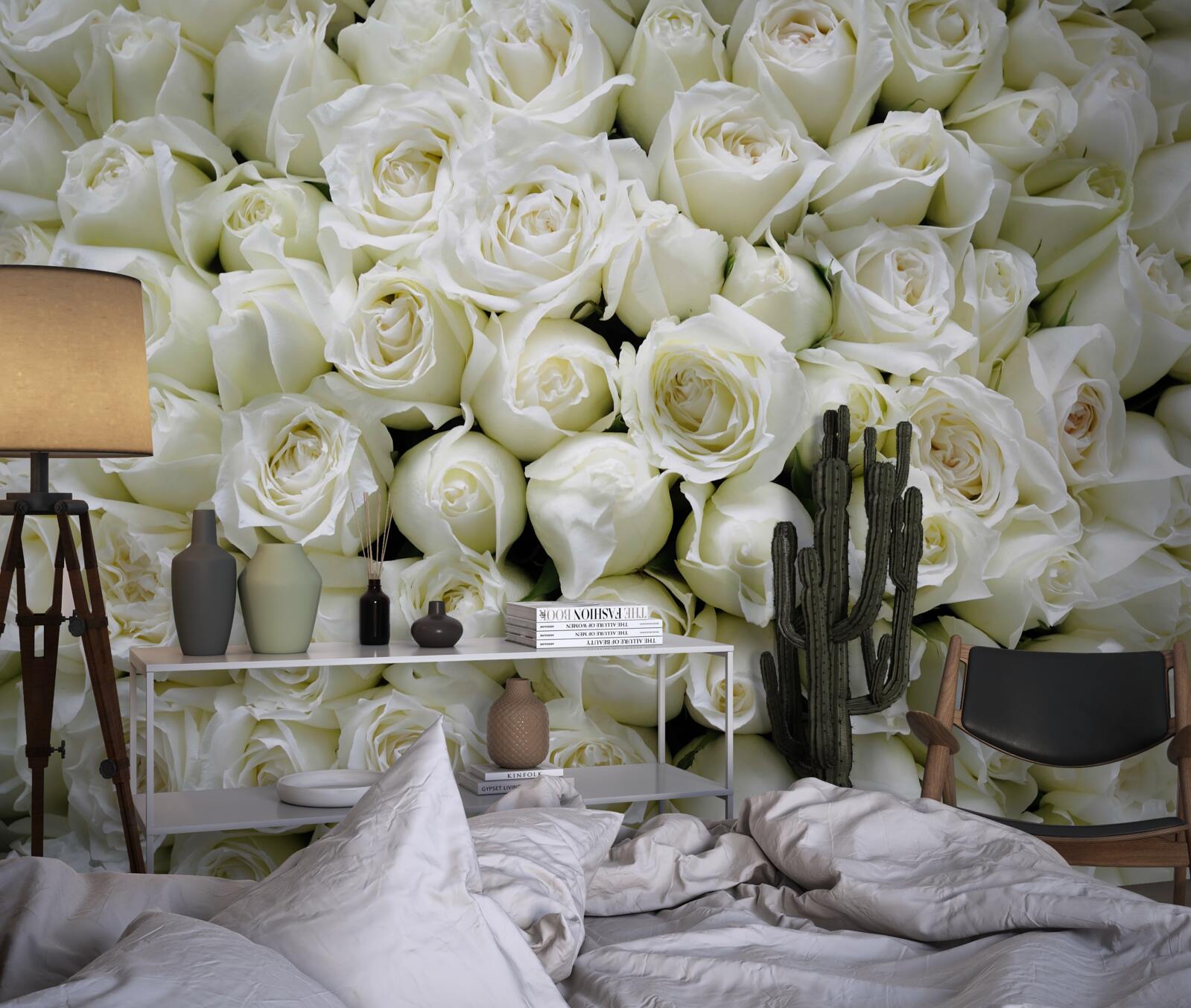 Fotobehang een boeket van vele sneeuwwitte rozen