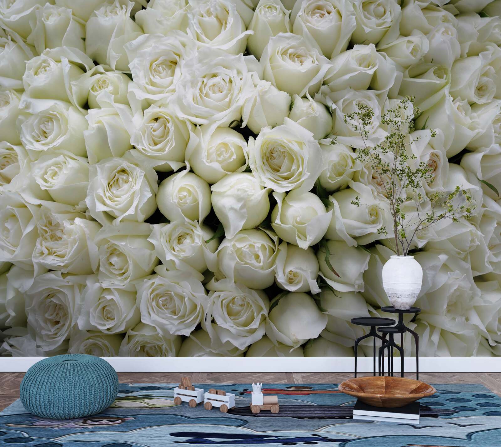 Fotobehang een boeket van vele sneeuwwitte rozen