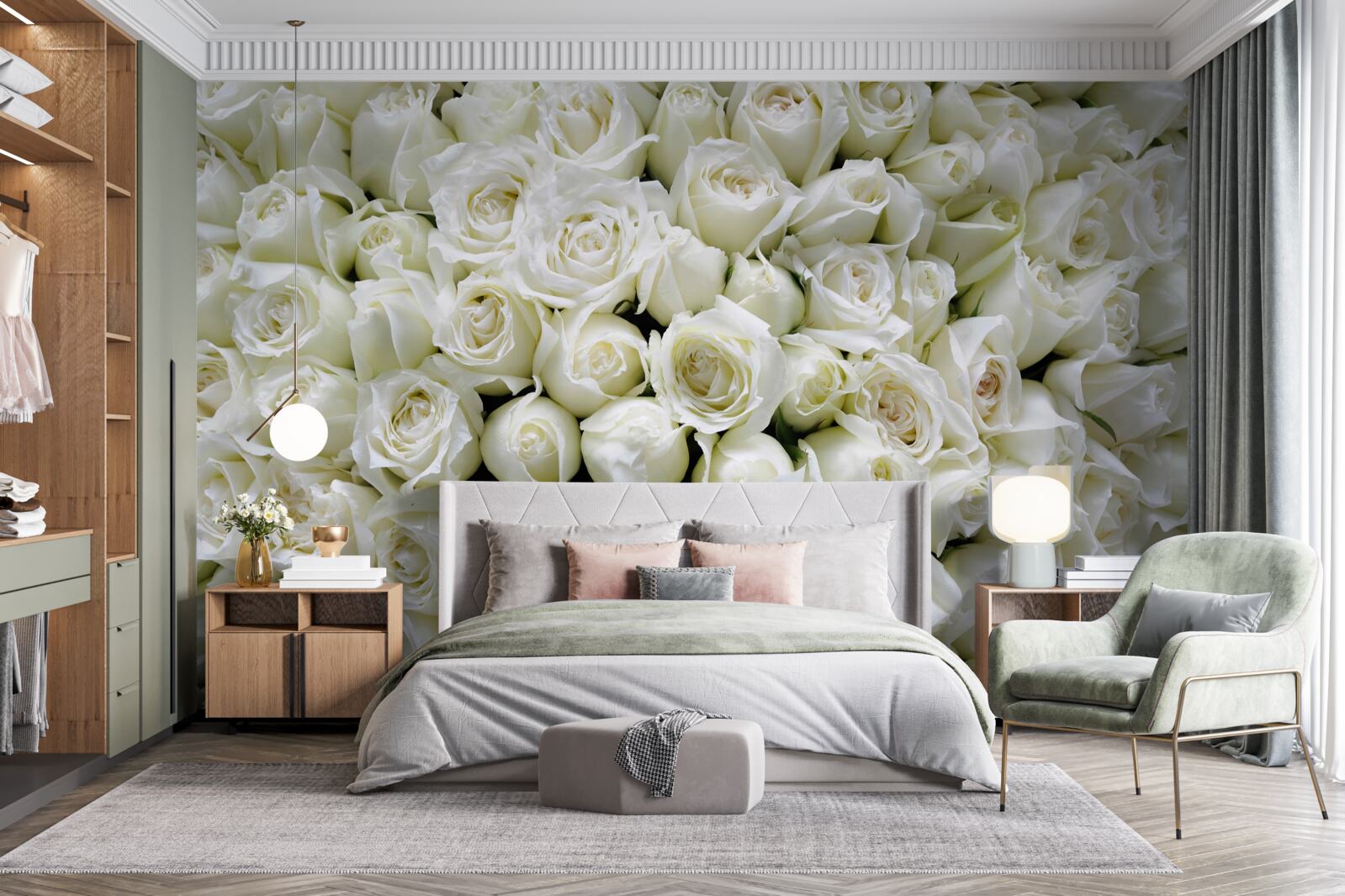 Fotobehang een boeket van vele sneeuwwitte rozen