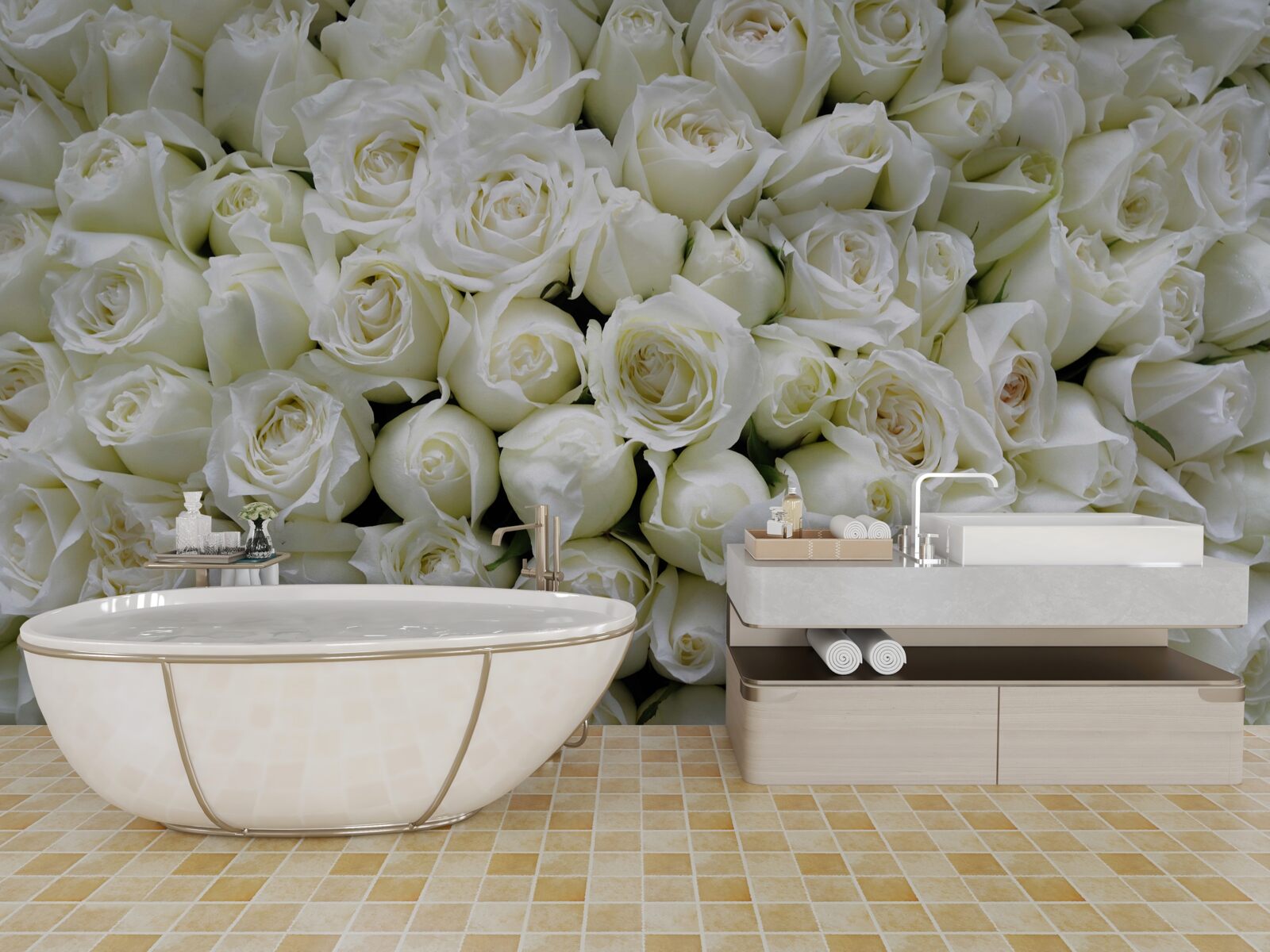 Fotobehang een boeket van vele sneeuwwitte rozen