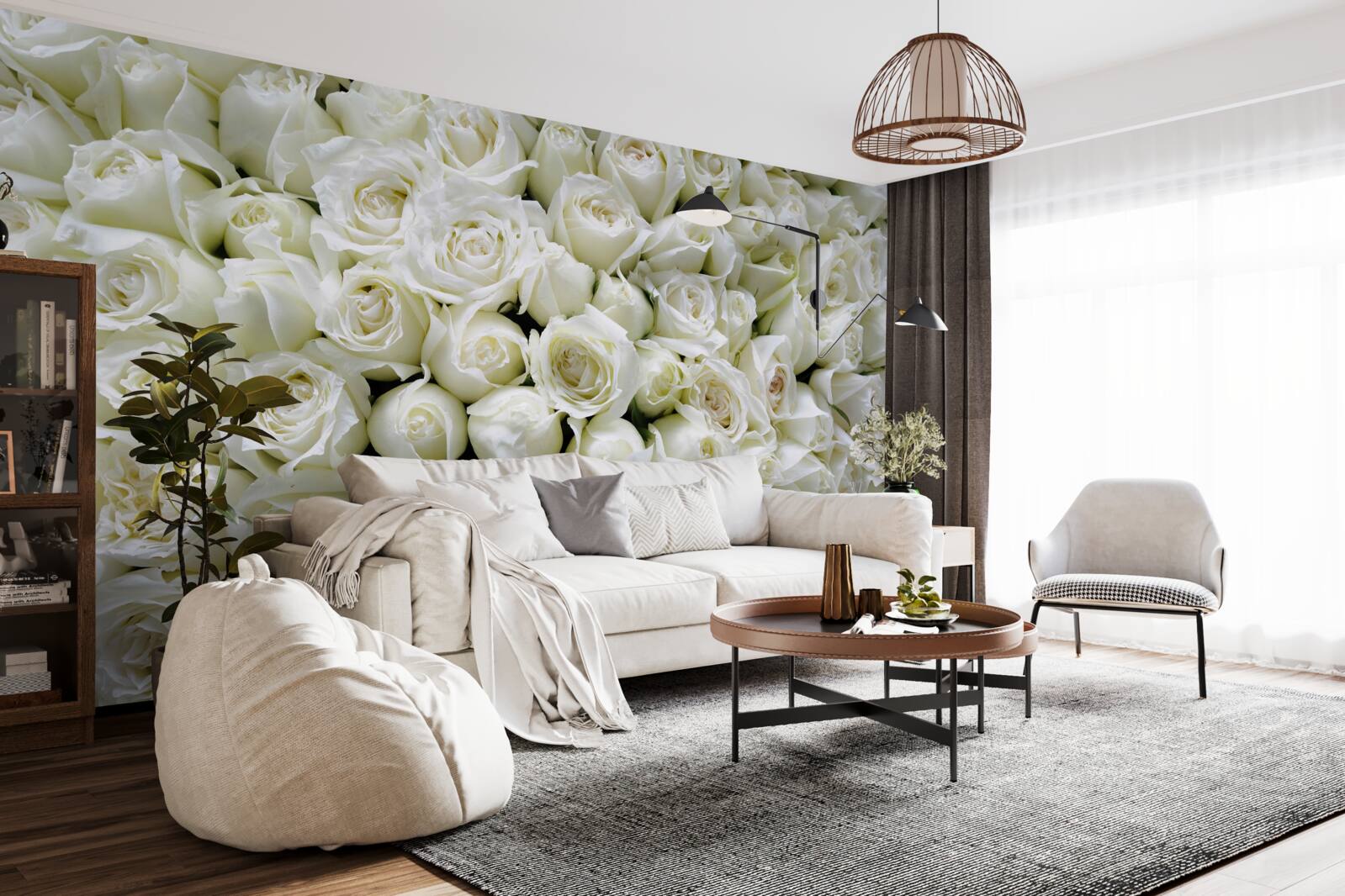 Fotobehang een boeket van vele sneeuwwitte rozen