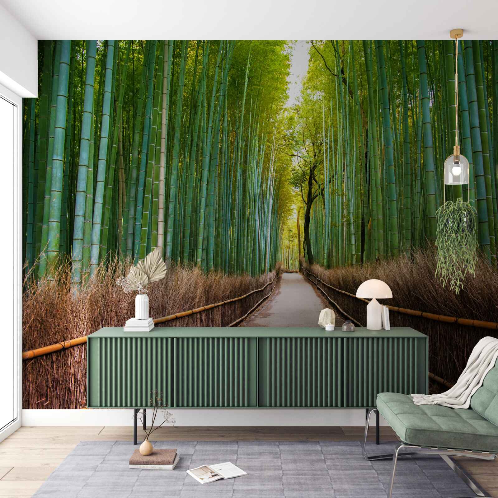 Fotobehang een sierlijk bamboebos met een pad