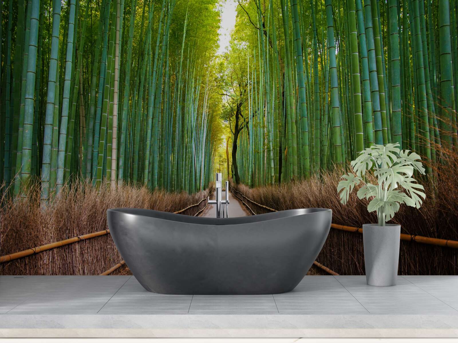 Fotobehang een sierlijk bamboebos met een pad
